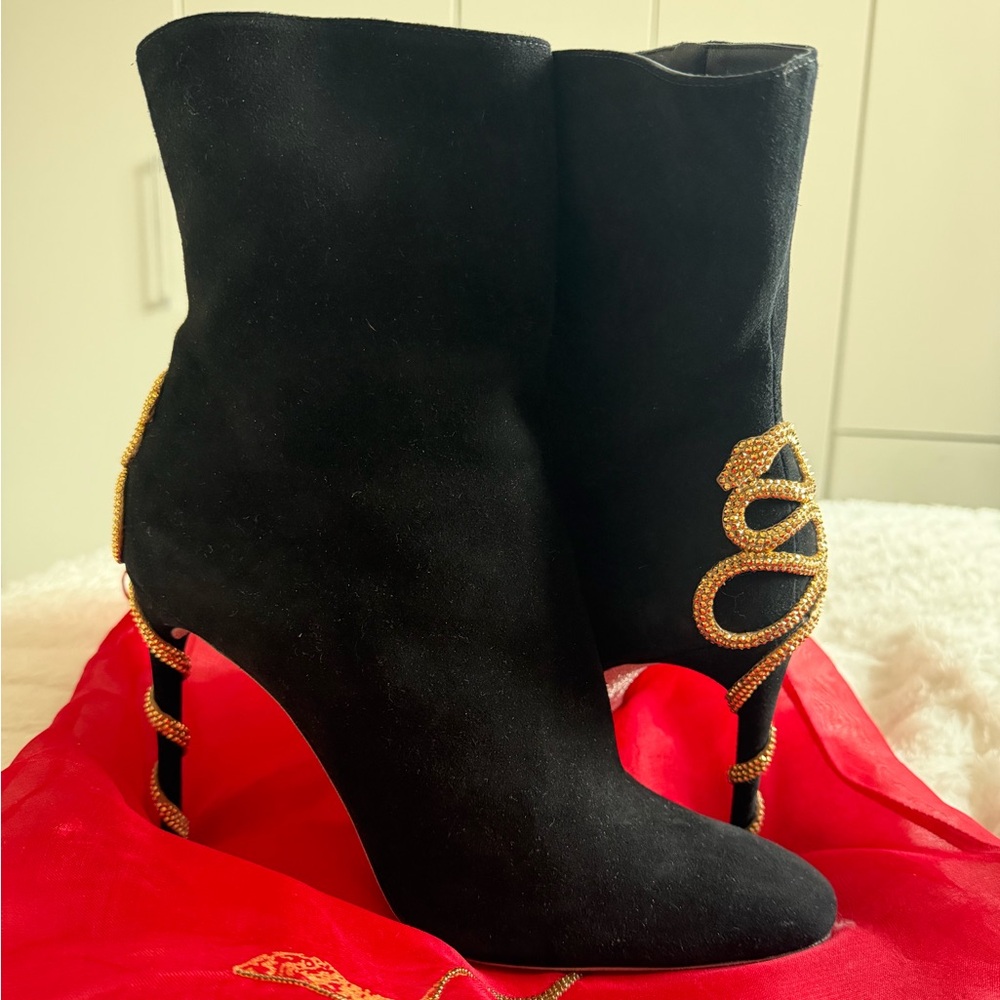 Rene Caovilla Black Suede Ankle Boots with Gold Crystal Serpent - Picture 2 of 8